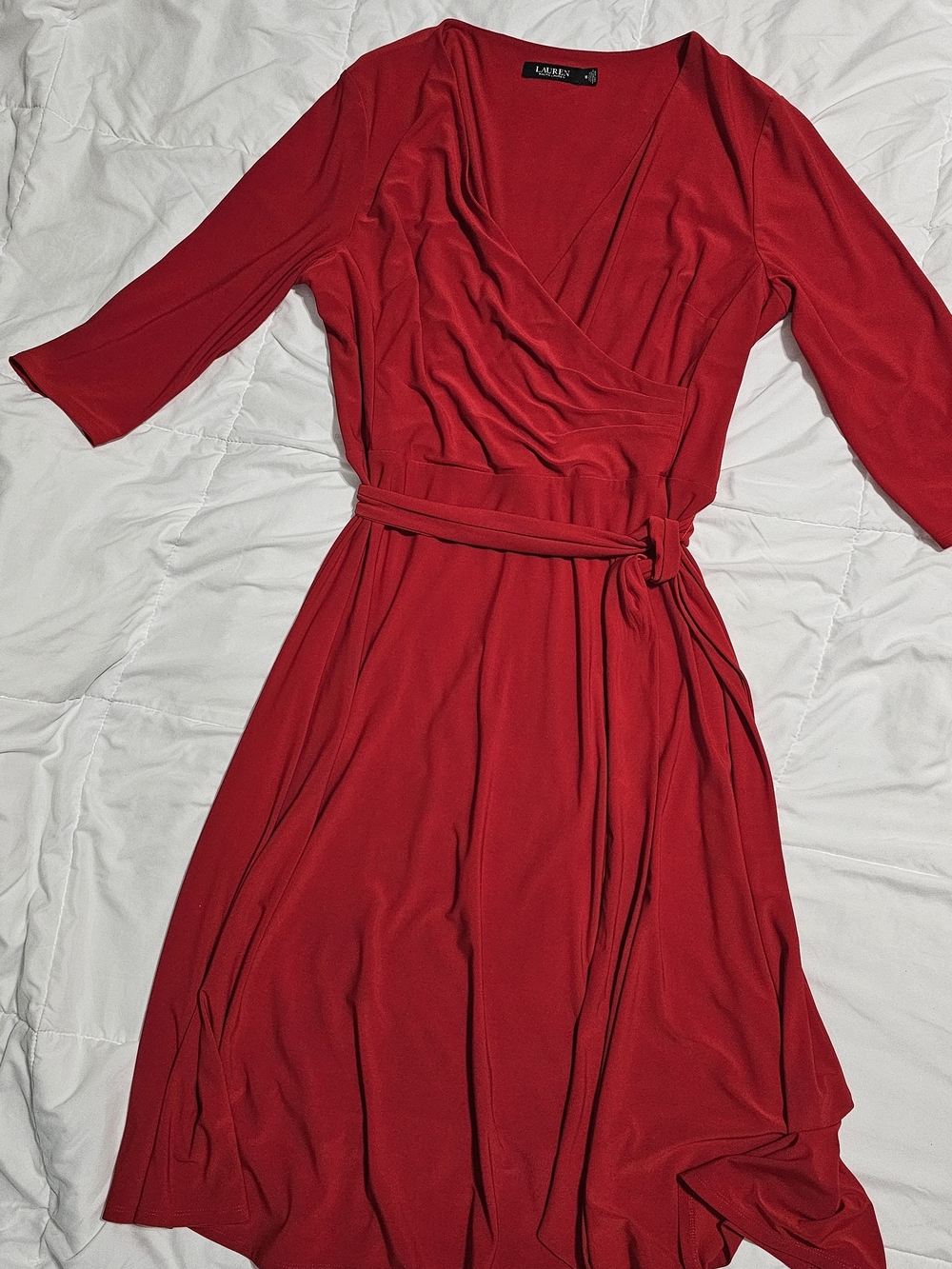 Ralph Lauren Red Faux-Wrap Dress with Self-Tie Waist